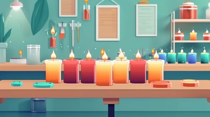 Scene of a candle making workshop flat design side view craft in progress theme animation Complementary Color Scheme