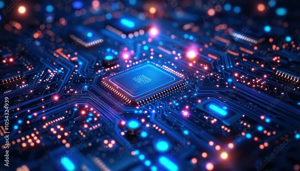 Poster Close-up of a glowing microprocessor on a circuit board