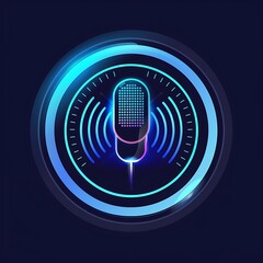Neon microphone and music icons glowing on black background with 3D light effects