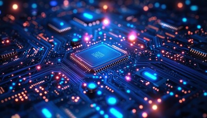 Obraz premium Close-up of a glowing microprocessor on a circuit board