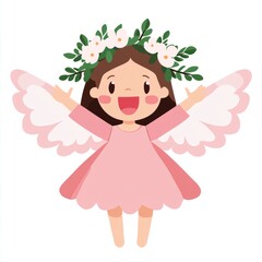 Fototapeta premium A cheerful cartoon girl with wings and a floral crown, celebrating joy.