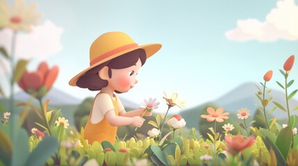 Scene of a child picking flowers in a field flat design side view childhood exploration theme 3D render Analogous Color Scheme