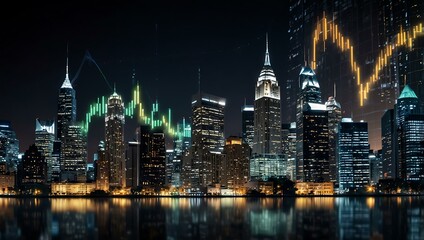 Obraz premium City lights and stock market graph illustrating financial success.