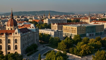 Naklejka premium Cityscape of Budapest featuring the new Museum of Ethnography with a rooftop garden.