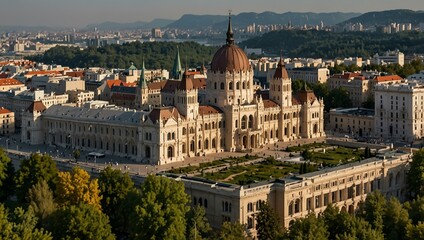 Obraz premium Cityscape of Budapest featuring the new Museum of Ethnography with a rooftop garden.