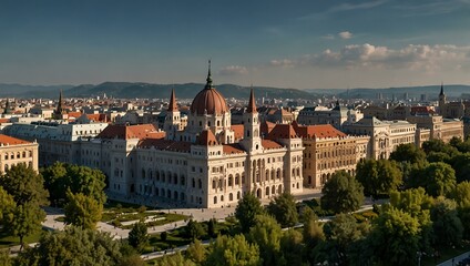 Obraz premium Cityscape of Budapest featuring the new Museum of Ethnography with a rooftop garden.
