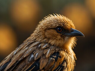 Fototapeta premium Close-up of a bird's eye with golden feathers and bokeh.