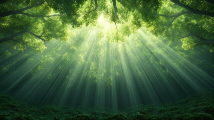 Fototapeta premium A serene forest scene with sunlight filtering through lush green trees, creating a peaceful atmosphere of nature's beauty.