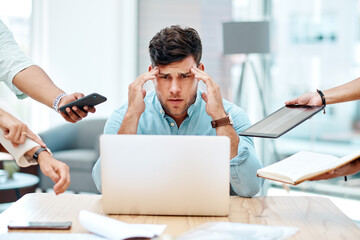 Businessman, multitasking and headache for stress, mental health and frustrated at office. Male...