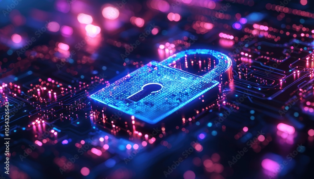 Poster a cyber security lock symbol on a circuit board