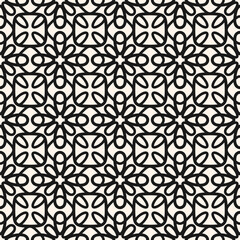 Fototapeta premium Simple vector monochrome seamless pattern. Abstract floral geometric ornament. Black and white background texture with curved lines, flower silhouettes, grid, lattice. Repeat design for decor, fabric