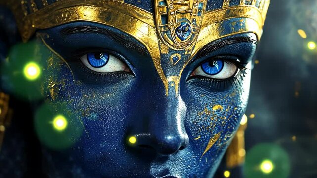 A close-up of a woman's face with blue skin, blue eyes, and golden accents