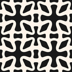 Vector monochrome geometric seamless pattern. Abstract ornamental texture with flower silhouettes, crosses, leaves, repeat tiles. Simple elegant black and white background. Repeated decorative design