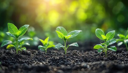 Fototapeta premium Young Green Plants Growing in Rich Soil with Sunlight