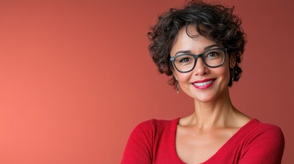 Fototapeta premium A smiling woman with curly hair and glasses poses confidently against a vibrant background, radiating warmth and approachability.