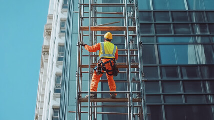 Fototapeta premium Construction Worker on Scaffolding High Rise Building Safety Gear Urban Construction