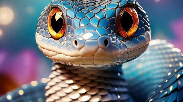 The snake is the symbol of the year 2025. A cute little snake with big eyes in spring forest, with drops, sparks and flowers. Calendar new year 2025.