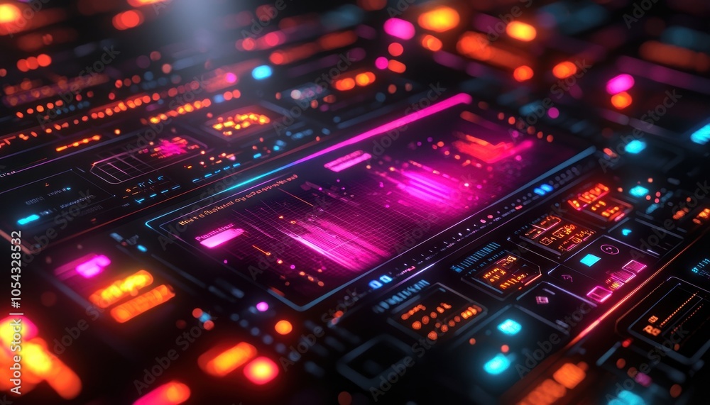 Poster Futuristic Interface with Neon Lights and Data Visualizations