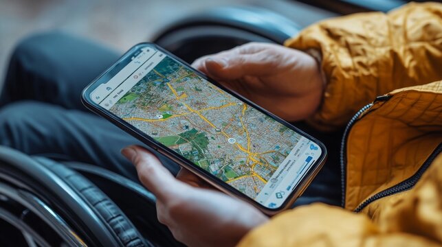 Wheelchair user tracks location using a mobile app in an urban environment - Powered by Adobe