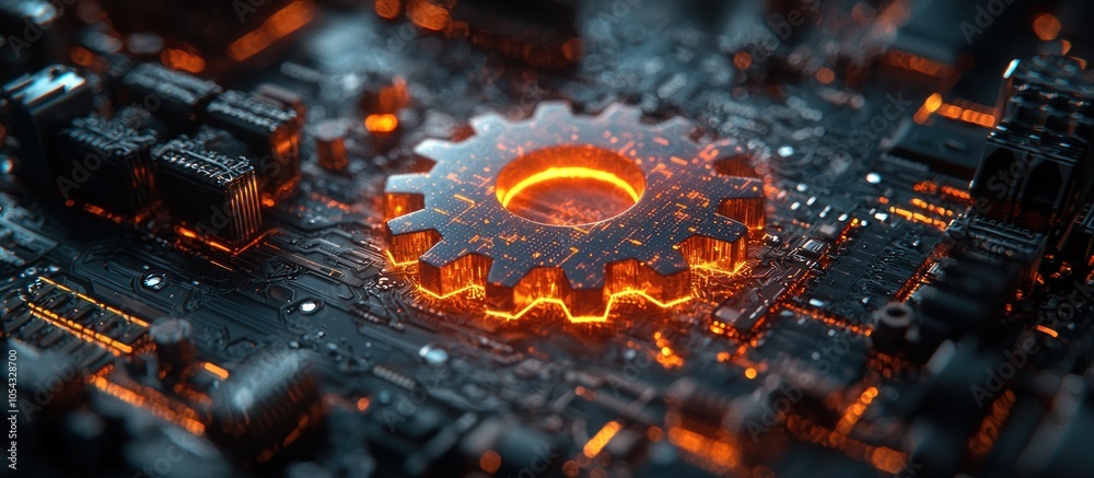 Aufkleber glowing cog on circuit board with orange and black color scheme