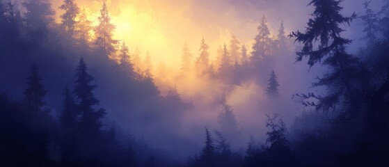 A painting of a forest with trees and a sun in the sky