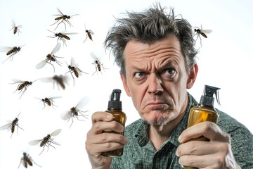 Angry Man Spraying Insecticide to Swarm of Flies