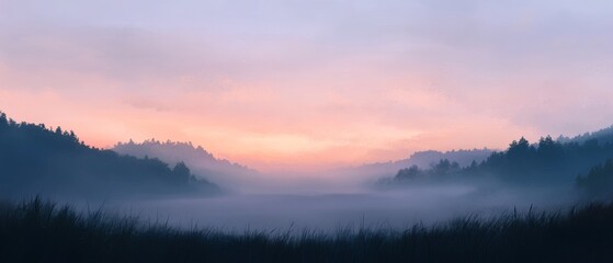 Obraz premium A foggy, misty morning in the woods with a beautiful orange and pink sky