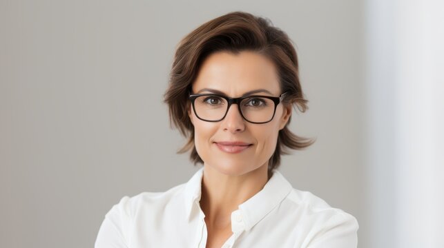 A confident woman with glasses and short brown hair stands poised in a white shirt, radiating professionalism and approachability.