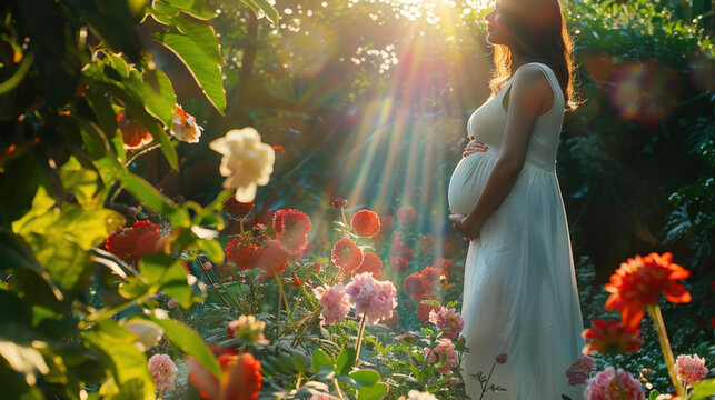 Relaxed pregnant woman meditates in solitude in a perk nature, inner peace and connection with her body and baby. The image conveys serenity, prenatal mindfulness, and maternal bond