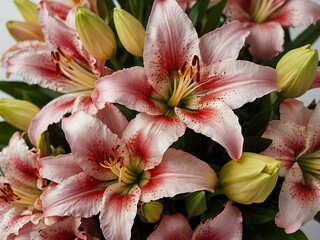 Obraz premium Colorful bouquet of pink lilies and roses on a white background.