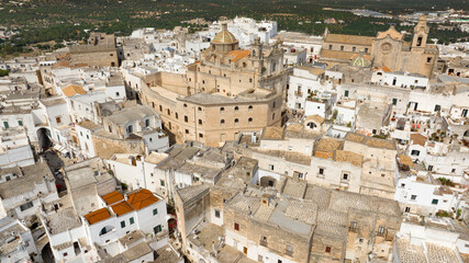 Aerial view of the historic center of Ostuni, also known as The White Town. The Old Town is located...