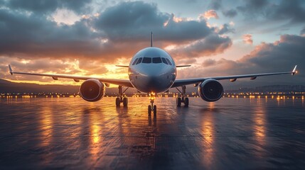 Airplane on the Runway at Sunset