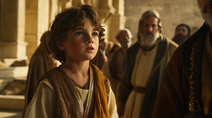 Obraz premium young Jesus as a child, around twelve years old, with olive-toned skin and dark hair, clad in ancient Jewish attire, standing in the majestic temple.