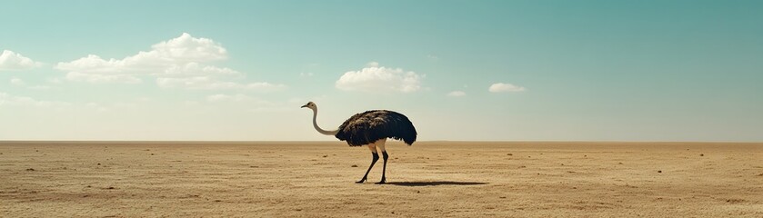A Single Ostrich Standing in a Vast, Desolate Desert Landscape