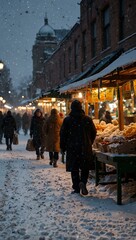 Coronavirus particles in a snowy evening market.