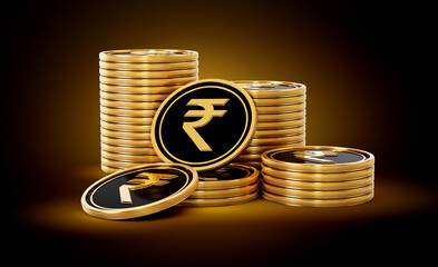 Stack Of Golden And Black Indian Rupee Coins Set On Shiny Golden Glow Background 3d Illustration
