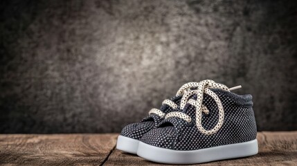Charming blue baby booties resting on a rustic wooden table against a textured trend background in soft lighting for creative projects