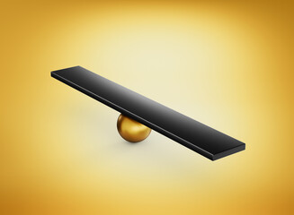 A Black Balanced Seesaw On Shiny Golden Fulcrum Symbolizes Leverage And Equilibrium 3D Illustration