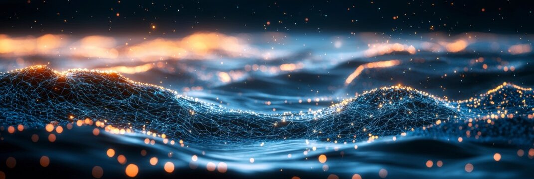 Dynamic waves of light flow and intertwine through a mountain stream, creating a vibrant, artistic scene that conveys a sense of movement and fluidity.