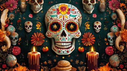 Fototapeta premium A vibrant Day of the Dead altar featuring colorful sugar skulls, candles, and flowers, celebrating life and remembrance.