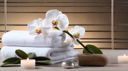 Spa-like tranquility with white orchids, soft towels, and candles, evoking relaxation and serene luxury.