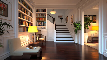 Zoom Background, Modern Living room with stairs and bookcase
