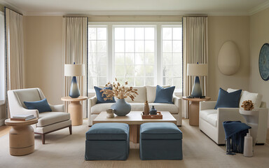 Fototapeta premium Modern living room with blue and beige accents featuring a couch and two chairs perfect for interior design inspiration 