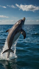 Naklejka premium Dolphin jumping out of the water, vibrant blue colors.