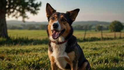 Dog posing with its tongue out in a serene countryside.
