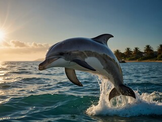 Naklejka premium Dolphin leaping out of the water, bright and joyful.