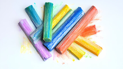 Fototapeta premium Photo grunge hand drawn colorful scribble wax pastel, rainbow crayon isolated on white. Chalk Pastel Drawing. Illustration
