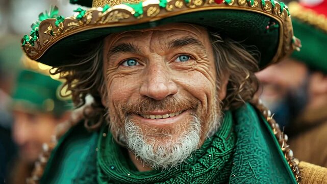 Man in green leprechaun attire smiling, celebrating.