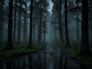 Eerie, foggy forest at night with heavy rain.