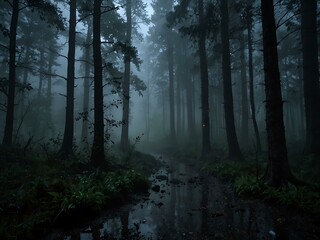 Fototapeta premium Eerie, foggy forest at night with heavy rain.
